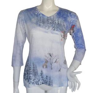 ARTISANS Tee, M, Winter scene, bunnies, Birds, Snowman, 3/4 sleeve